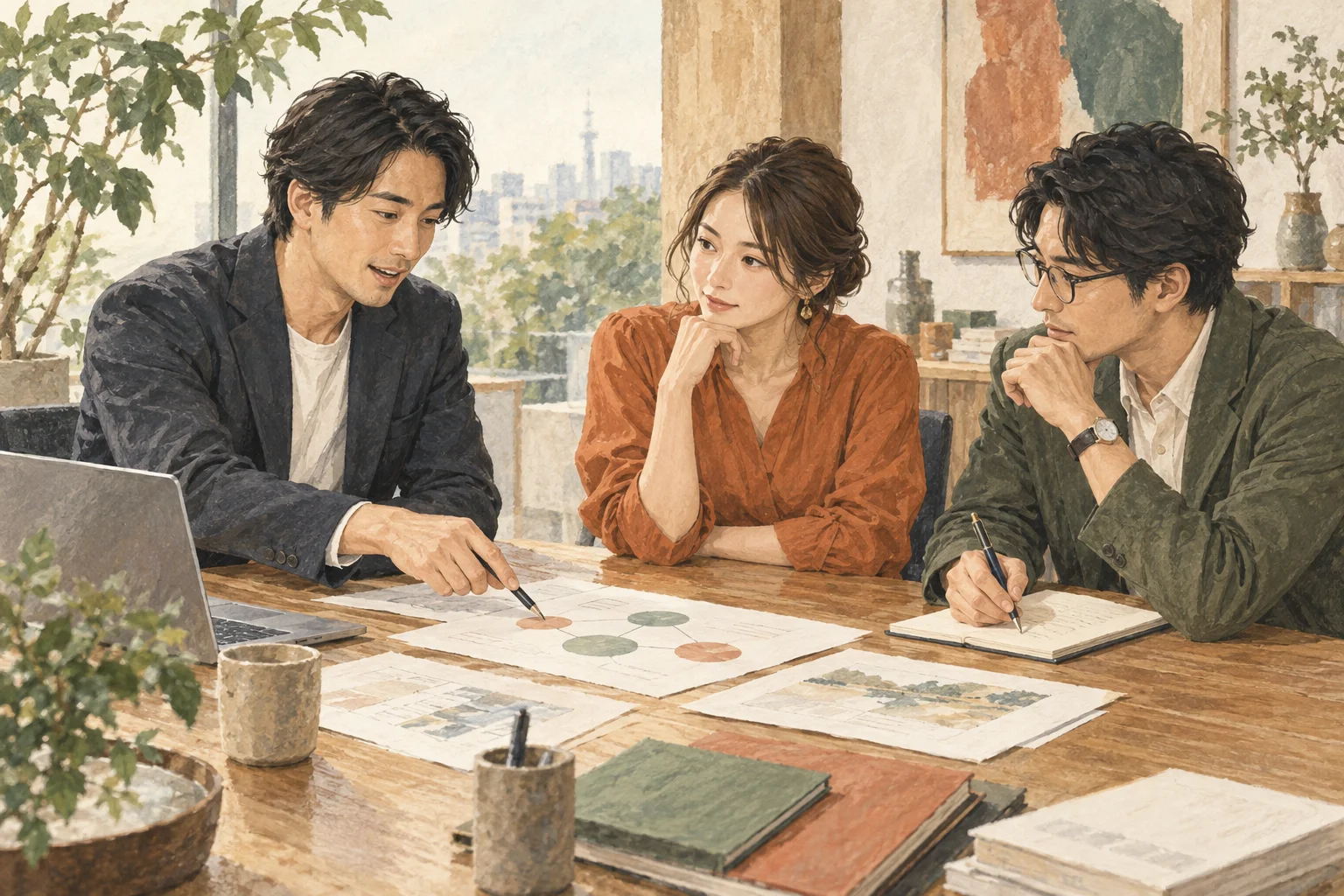 同僚と業務の進め方を相談するイラスト
